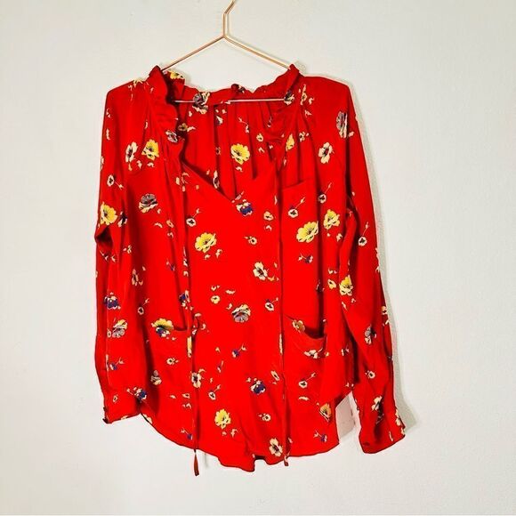 EUC Rebecca Taylor Red Floral Boho Silk Top 0 - Picture 2 of 4